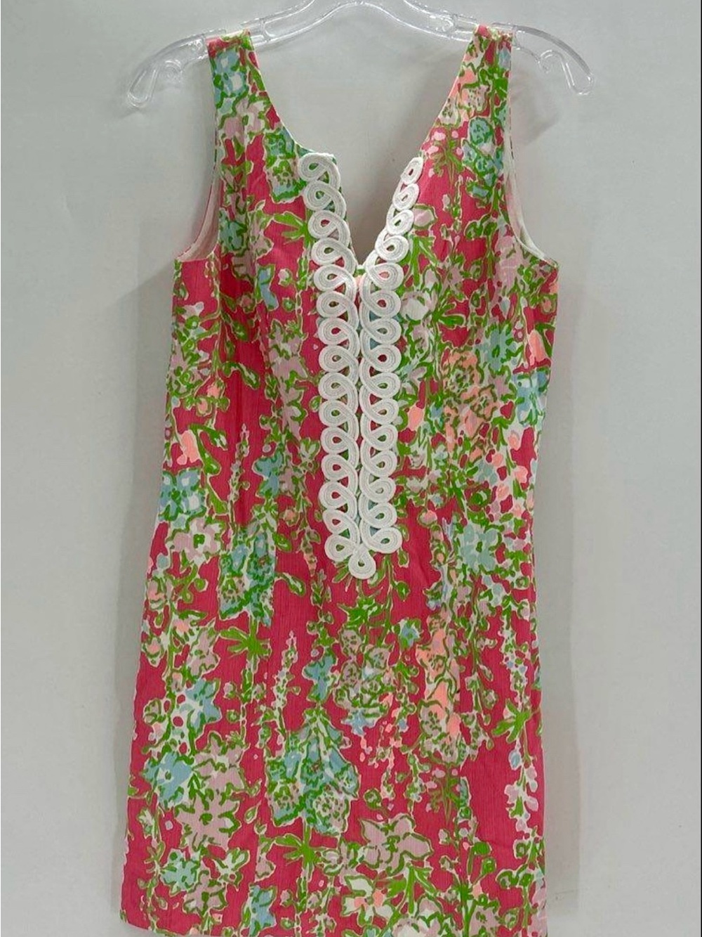 Lilly Pulitzer Pink Floral V-Neck Shift Dress with White Trim